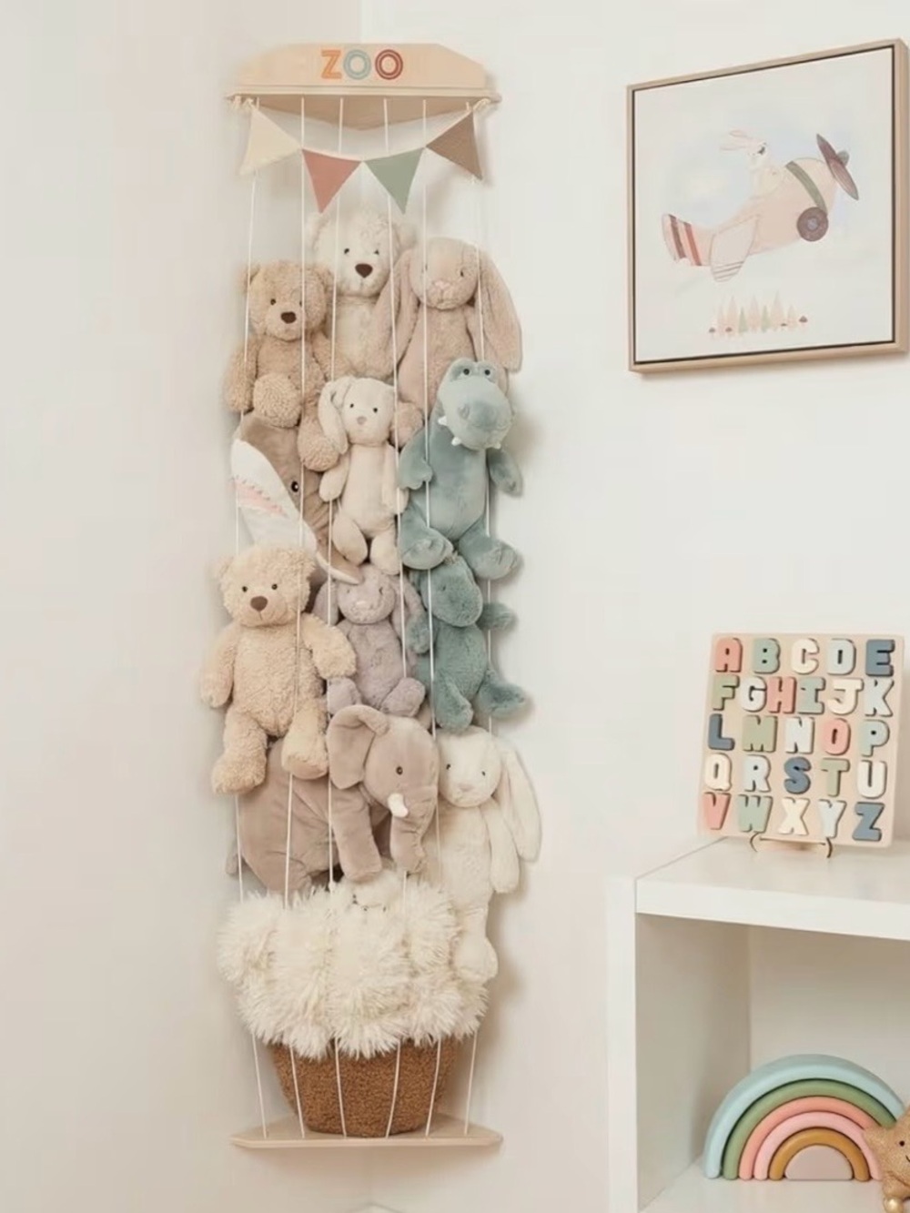 Stuffed Animal Storage Zoo with Decorative Muslin Garland - Cute Wooden Toy S...